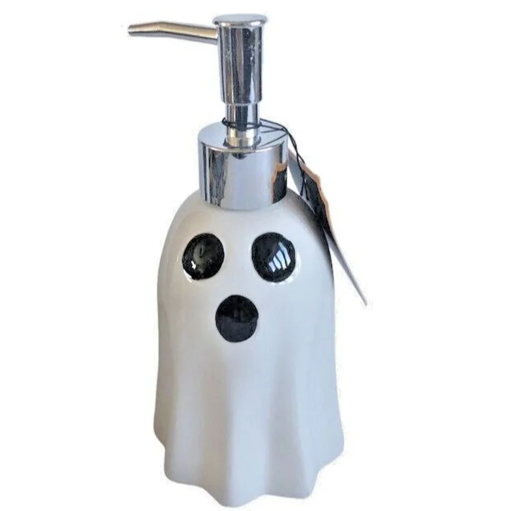 Halloween White Ghost Soap Lotion Pump Dispenser Ceramic Holds 11.8 FL OZ Spooky